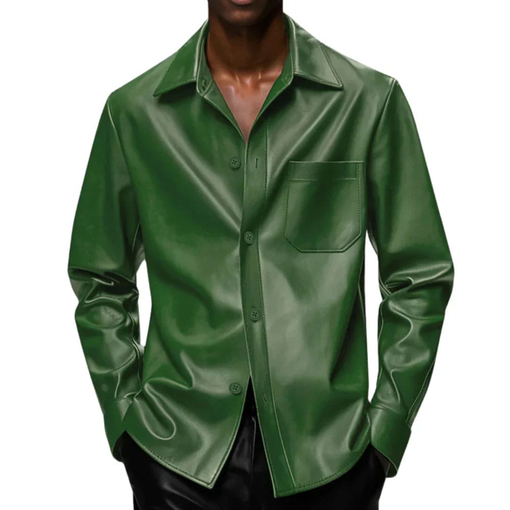 A men's long-sleeve button-up shirt in a glossy dark green faux leather or leather-like material, shown on a model against a plain white background.