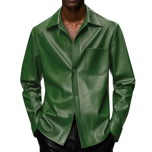 A men's long-sleeve button-up shirt in a glossy dark green faux leather or leather-like material, shown on a model against a plain white background.