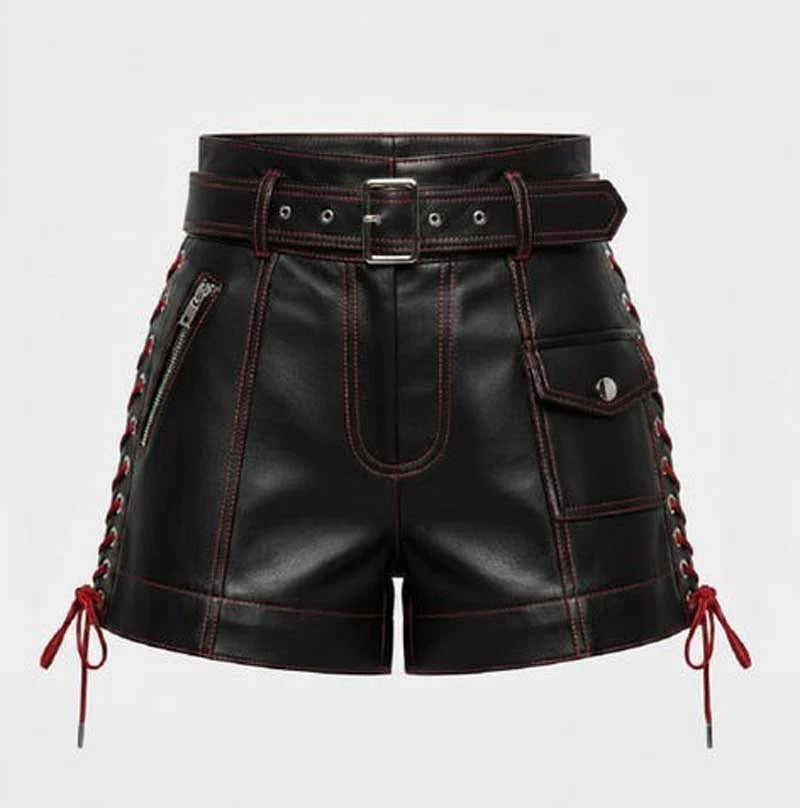 Black leather shorts with red stitching and laces on a white background