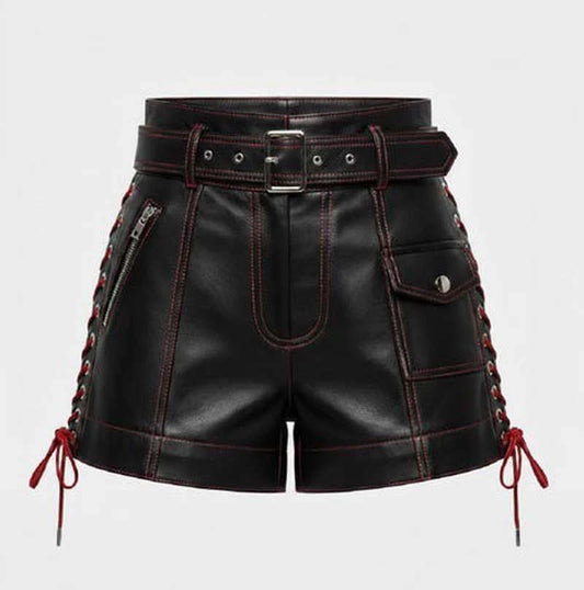 Black leather shorts with red stitching and laces on a white background