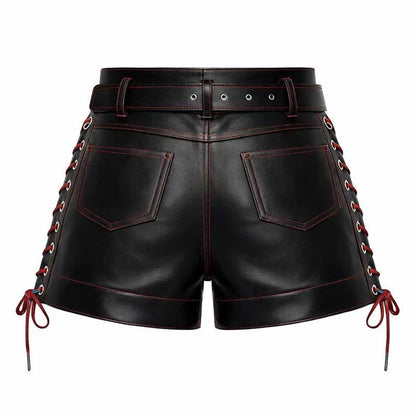 Handmade Black Leather Punk Shorts with Red Stitching