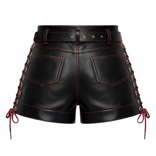 Black faux leather shorts with red contrast stitching, side laces, and a matching black leather belt with silver grommets, shown from the back on a white background.