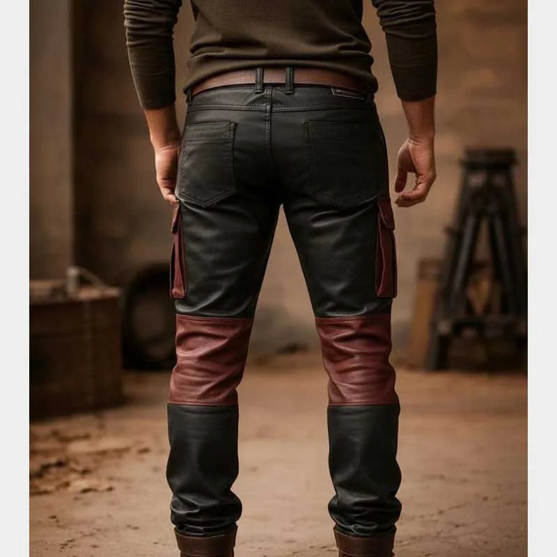 Handmade Black and Red Leather Cargo Pants with Utility Pockets for Bikers
