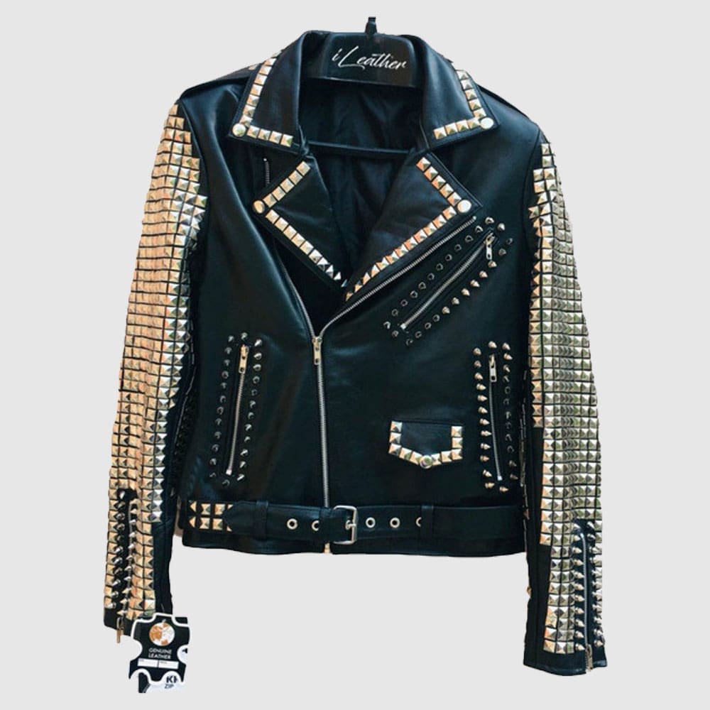 Handmade Black Women Silver Metal Studded Punk Leather Jacket made from genuine cowhide leather featuring handcrafted silver studs, zipper cuffs, and premium biker punk styling.