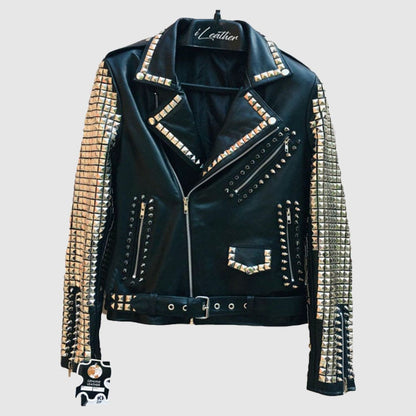 Handmade Black Women Silver Metal Studded Punk Leather Jacket made from genuine cowhide leather featuring handcrafted silver studs, zipper cuffs, and premium biker punk styling.
