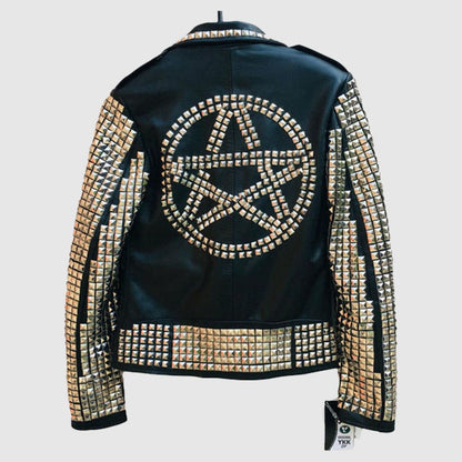 Handmade Black Women Silver Metal Studded Punk Leather Jacket made from genuine cowhide leather featuring handcrafted silver studs, zipper cuffs, and premium biker punk styling.