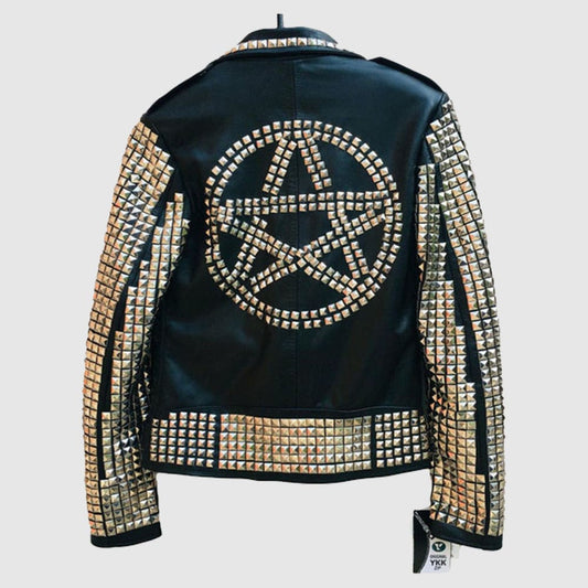 Handmade Black Women Silver Metal Studded Punk Leather Jacket made from genuine cowhide leather featuring handcrafted silver studs, zipper cuffs, and premium biker punk styling.
