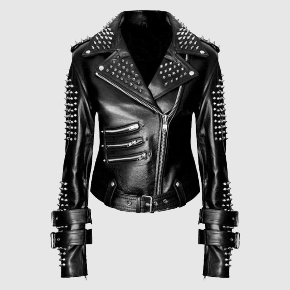 Handmade Women Black Punk Silver Spiked Studded Leather Jacket crafted from genuine cowhide leather with silver spikes and studded punk biker design.