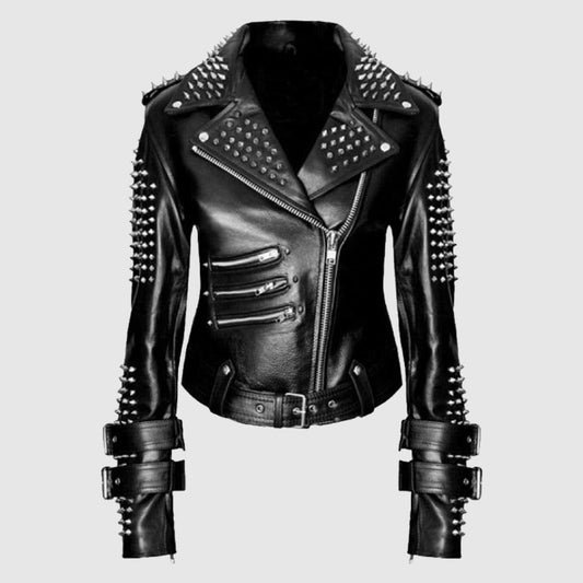 Handmade Women Black Punk Silver Spiked Studded Leather Jacket crafted from genuine cowhide leather with silver spikes and studded punk biker design.