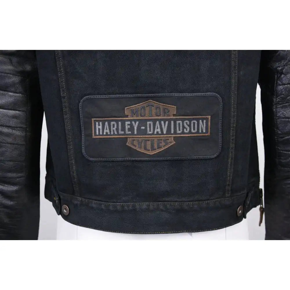 Harley-Davidson Men’s Denim & Leather Sleeve Button Up Jacket back 2