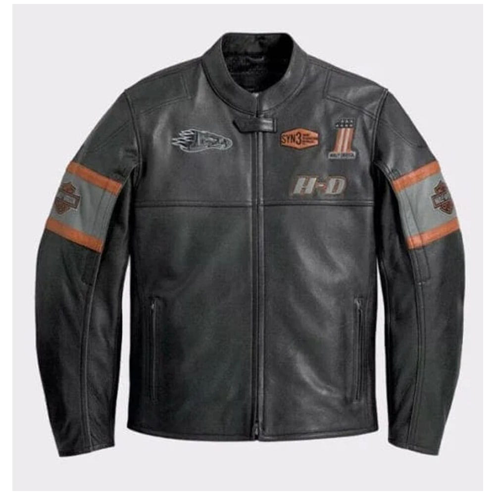 A black leather motorcycle jacket with orange and gray sleeve stripes and Harley-Davidson and Stinger patches, shown against a light gray background.