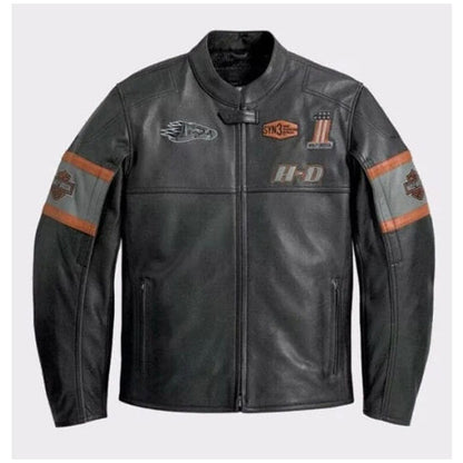 A black leather motorcycle jacket with orange and gray sleeve stripes and Harley-Davidson and Stinger patches, shown against a light gray background.