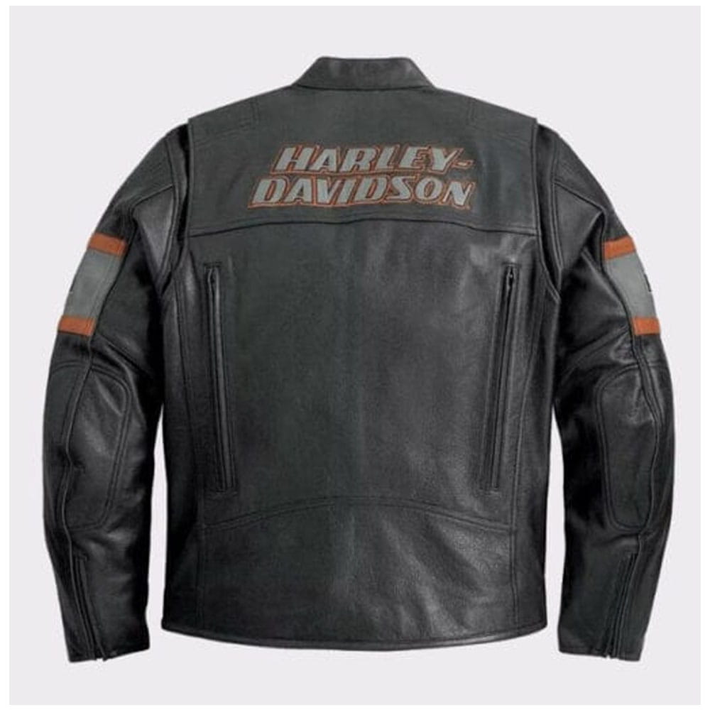 Black leather Harley-Davidson jacket shown from the back, featuring the brand name in orange and white across the upper back with gray and orange sleeve stripes.