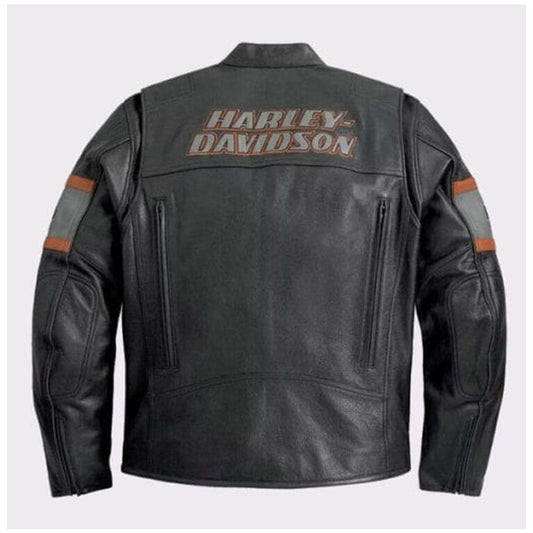 Black leather Harley-Davidson jacket shown from the back, featuring the brand name in orange and white across the upper back with gray and orange sleeve stripes.