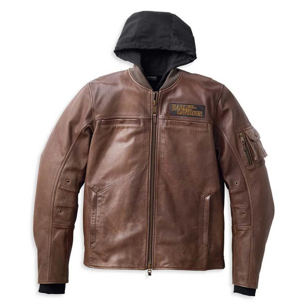 A brown leather motorcycle jacket with a black hood, featuring a front zipper, zippered chest pockets, and a visible Harley-Davidson patch on the left chest.