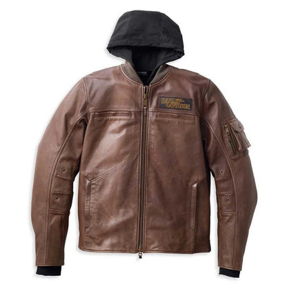 A brown leather motorcycle jacket with a black hood, featuring a front zipper, zippered chest pockets, and a visible Harley-Davidson patch on the left chest.