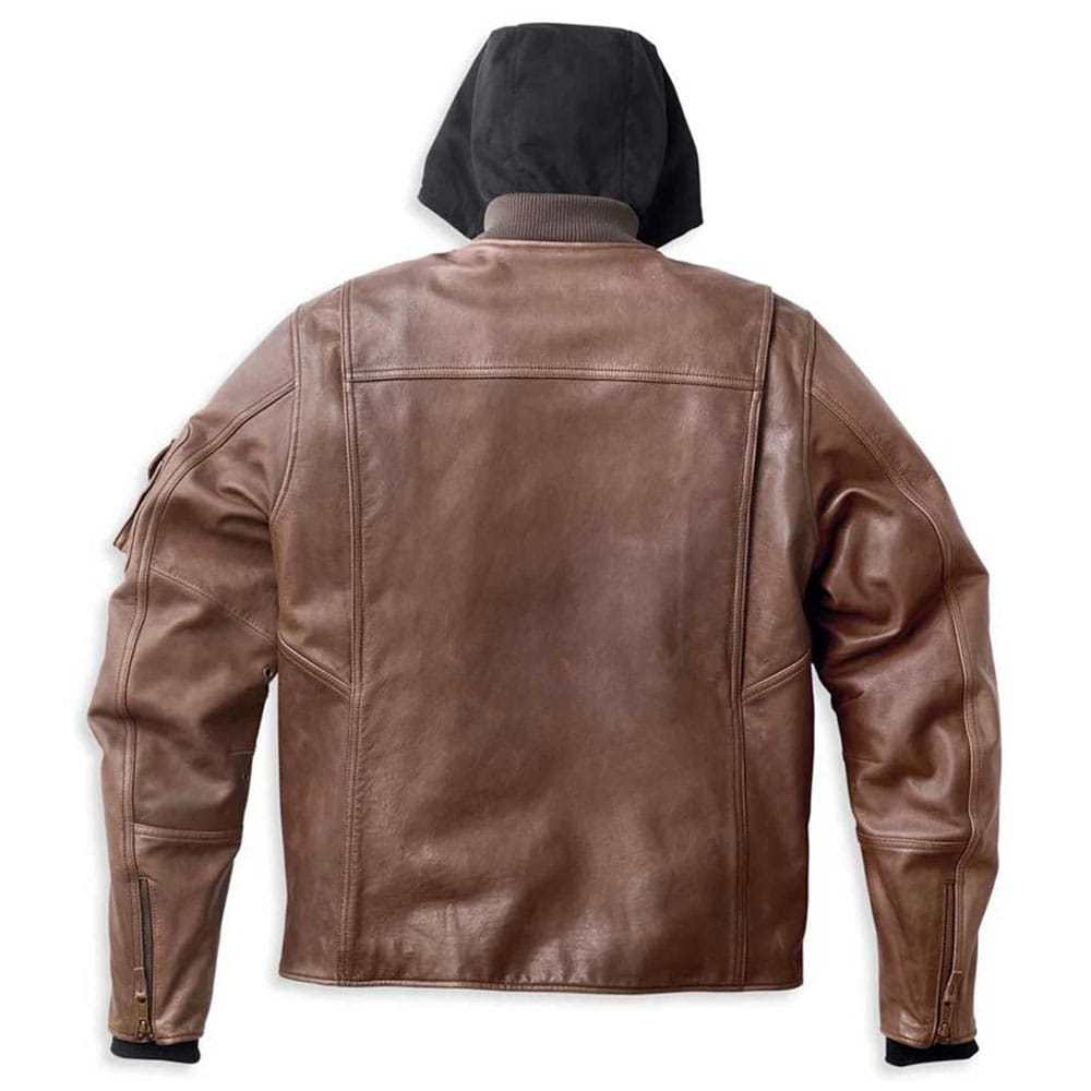 Brown leather jacket with a black hood, shown from the back on a white background.