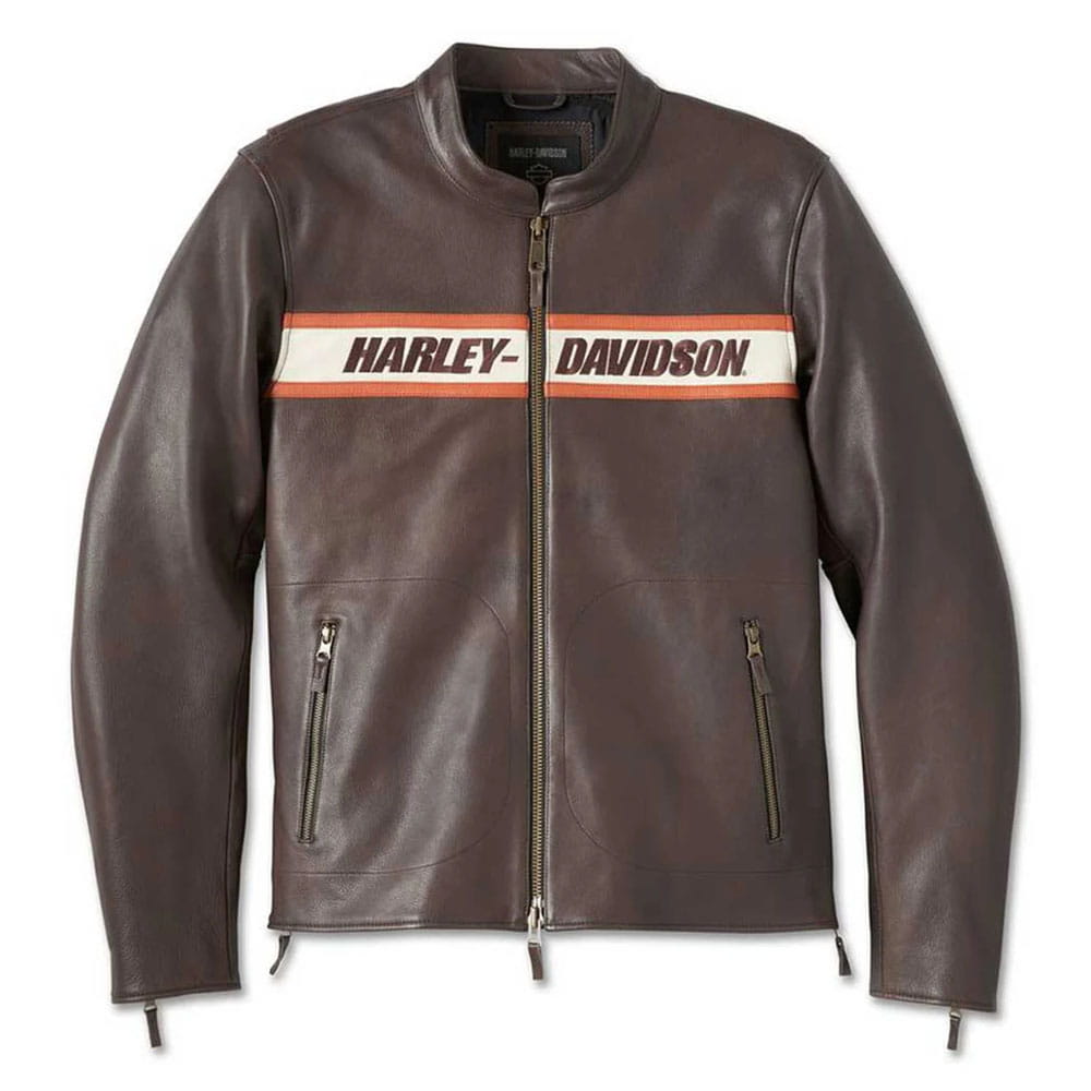 A dark brown leather motorcycle jacket with a front zipper, zippered pockets, and a prominent white chest stripe featuring the 'HARLEY-DAVIDSON' logo in black with orange borders.