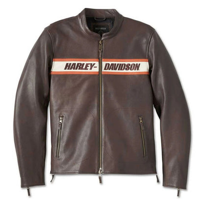 A dark brown leather motorcycle jacket with a front zipper, zippered pockets, and a prominent white chest stripe featuring the 'HARLEY-DAVIDSON' logo in black with orange borders.