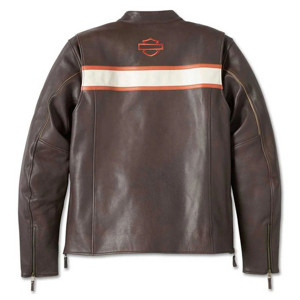 A dark brown leather jacket shown from the back, featuring a horizontal cream stripe bordered in orange across the upper back and shoulders, with an orange Harley-Davidson logo centered above the stripe.