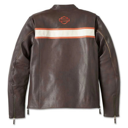 A dark brown leather jacket shown from the back, featuring a horizontal cream stripe bordered in orange across the upper back and shoulders, with an orange Harley-Davidson logo centered above the stripe.