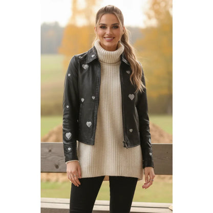 Women's Real Leather Shirt Collar Heart Print Jacket