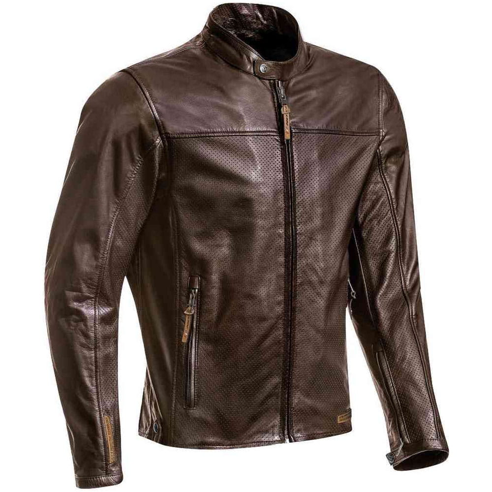 A dark brown textured leather motorcycle jacket with a stand collar, front zipper, and zippered side pockets, shown on a plain white background.