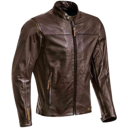 A dark brown textured leather motorcycle jacket with a stand collar, front zipper, and zippered side pockets, shown on a plain white background.