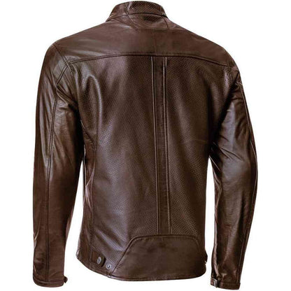 A dark brown leather jacket with a textured, perforated back panel, shown from the rear on a white background.