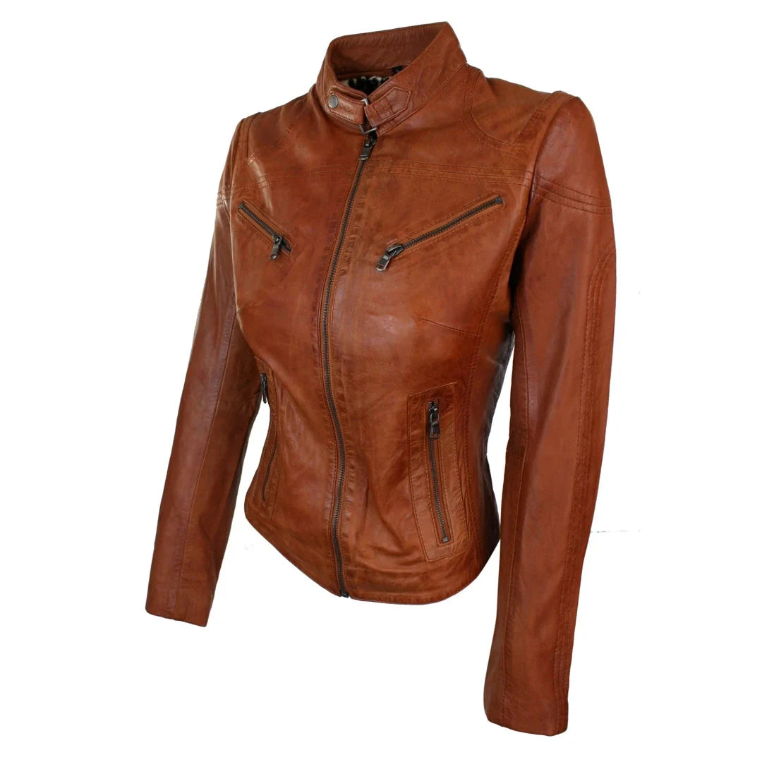 Women's Leather Black Tan Biker Jacket