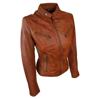 Women's Leather Black Tan Biker Jacket