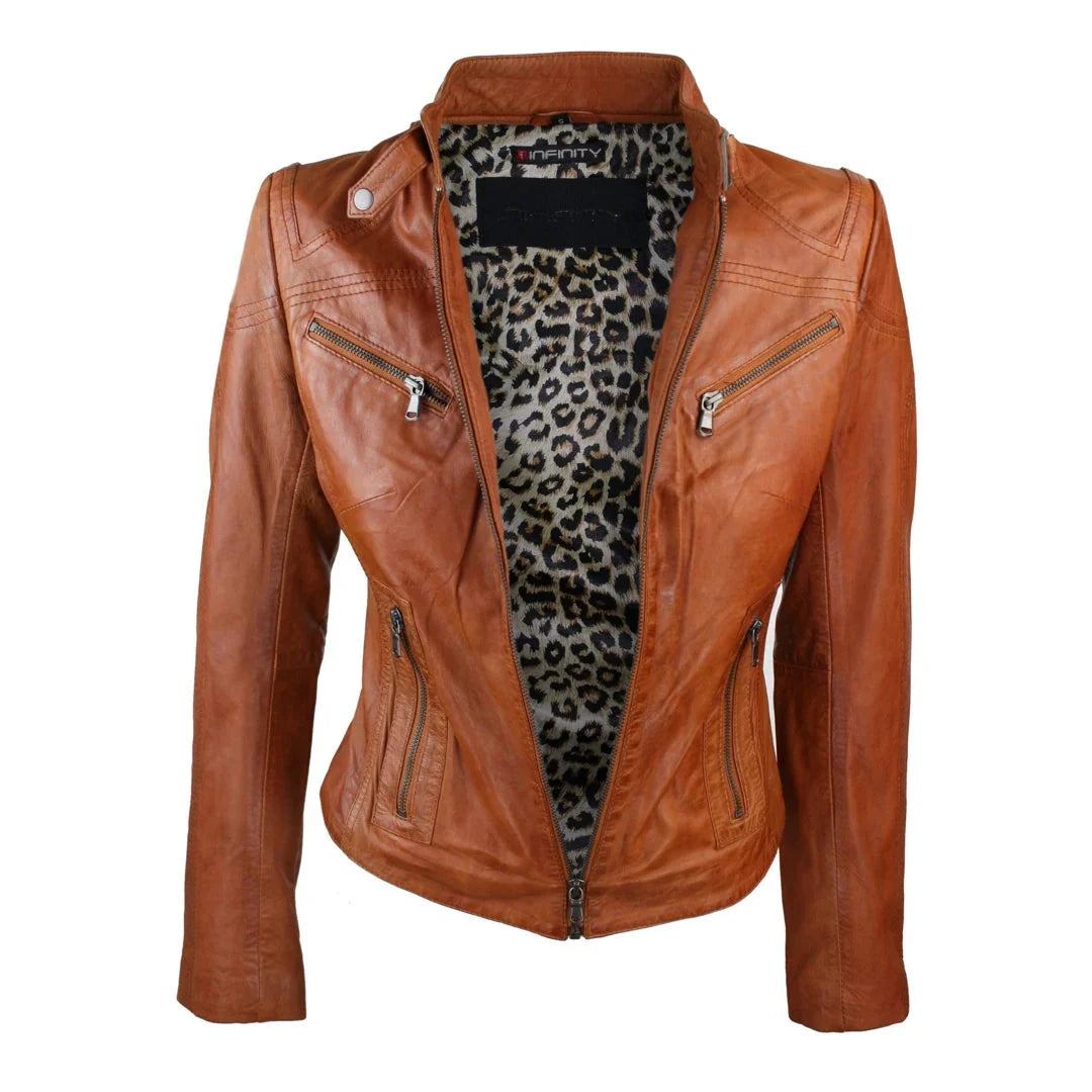 Women's Leather Black Tan Biker Jacket