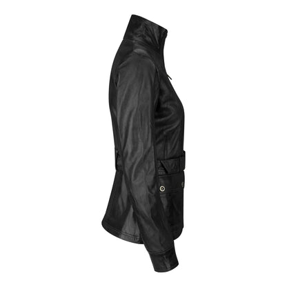 Women's Leather Military Chinese Collar Black Jacket