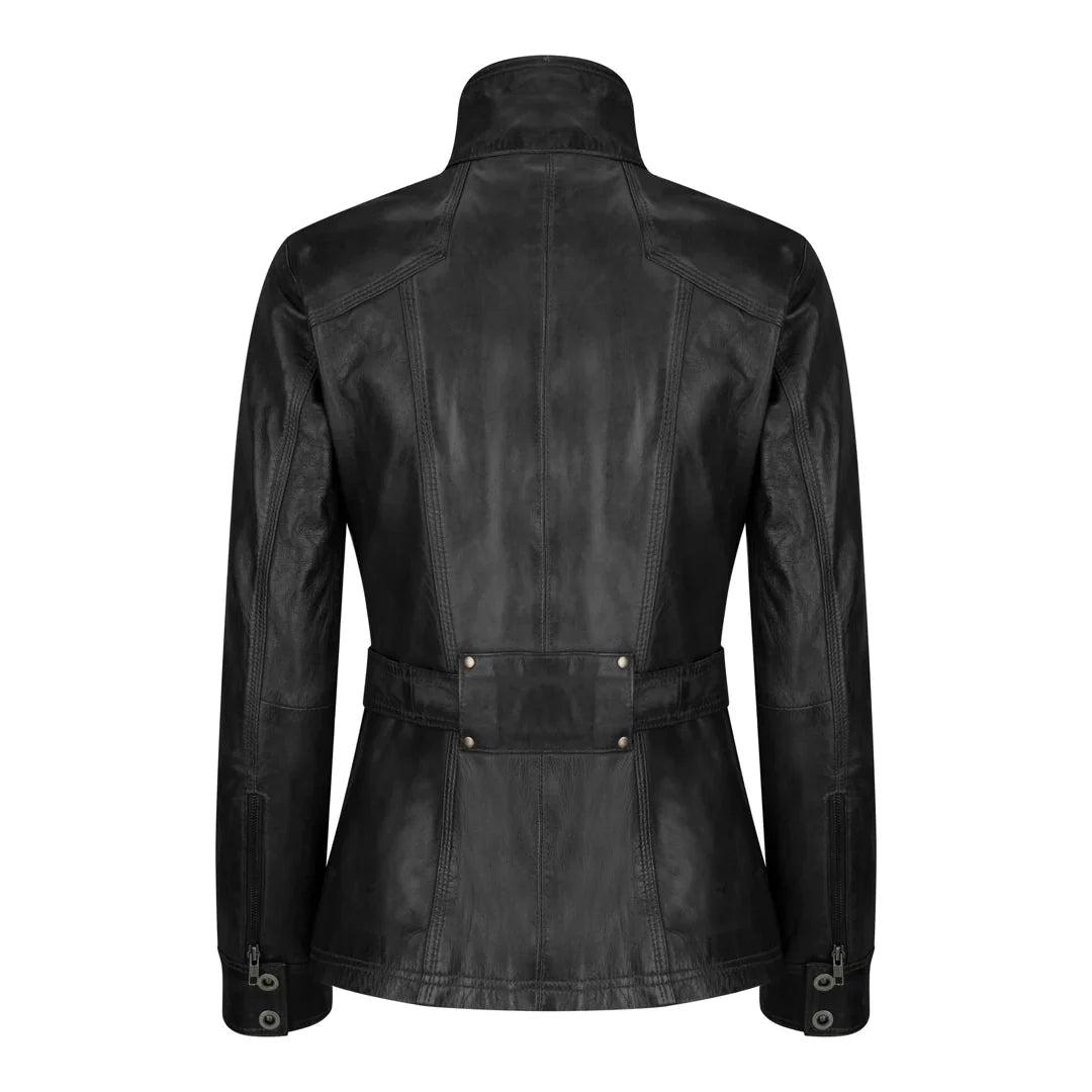 Women's Leather Military Chinese Collar Black Jacket