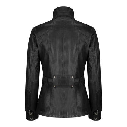 Women's Leather Military Chinese Collar Black Jacket