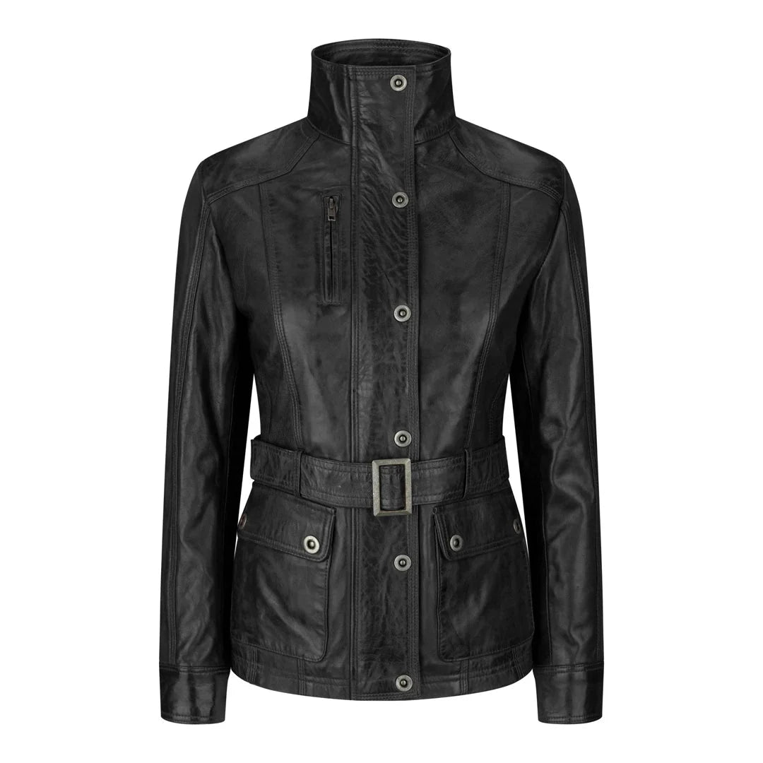 Women's Leather Military Chinese Collar Black Jacket