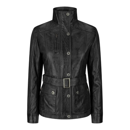 Women's Leather Military Chinese Collar Black Jacket
