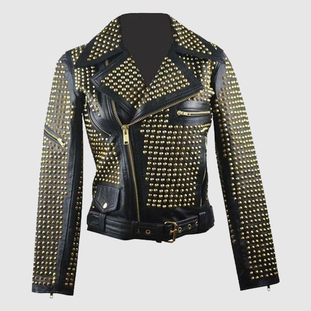 Ladies Black Leather Golden Studded Stylish Jacket crafted from genuine cowhide leather with handcrafted gold studs, YKK zippers, and slim-fit punk biker styling.