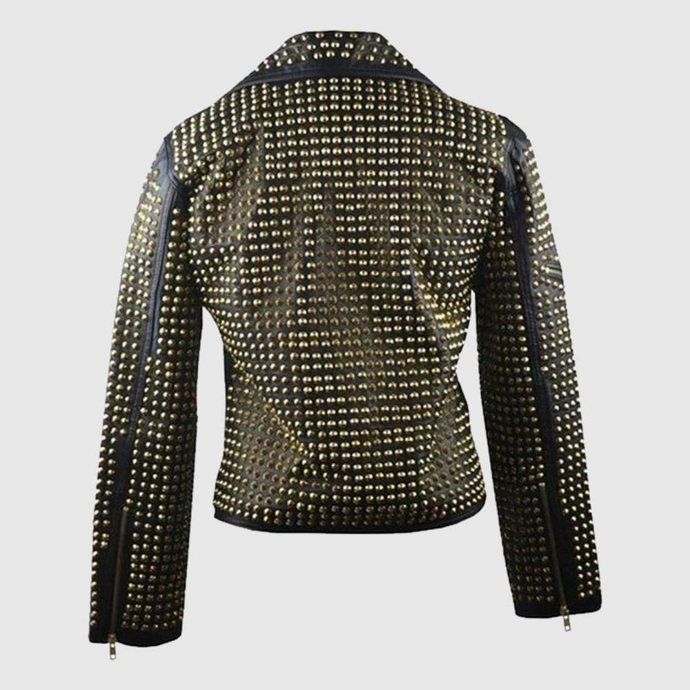 Ladies Black Leather Golden Studded Stylish Jacket crafted from genuine cowhide leather with handcrafted gold studs, YKK zippers, and slim-fit punk biker styling.