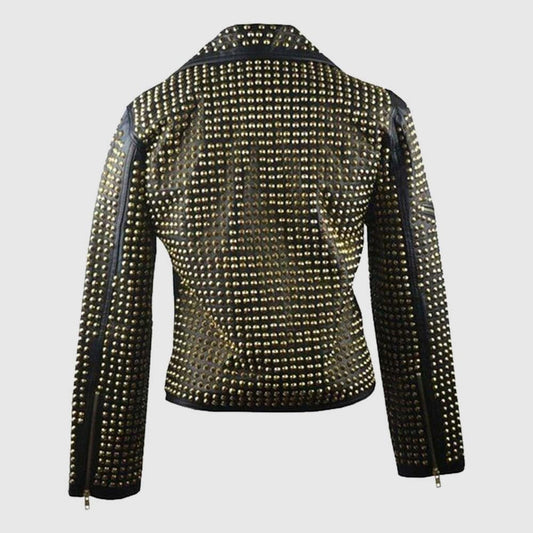 Ladies Black Leather Golden Studded Stylish Jacket crafted from genuine cowhide leather with handcrafted gold studs, YKK zippers, and slim-fit punk biker styling.