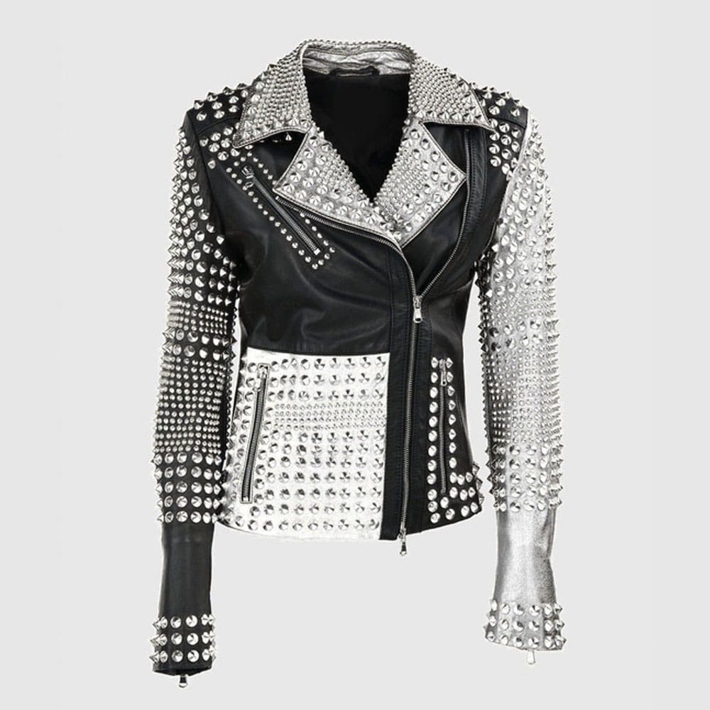 Ladies Brando Silver Black Cone Studded Leather Zippered Gothic Jacket made from genuine cowhide leather featuring silver cone studs, zipper cuffs, and classic Brando biker gothic styling.