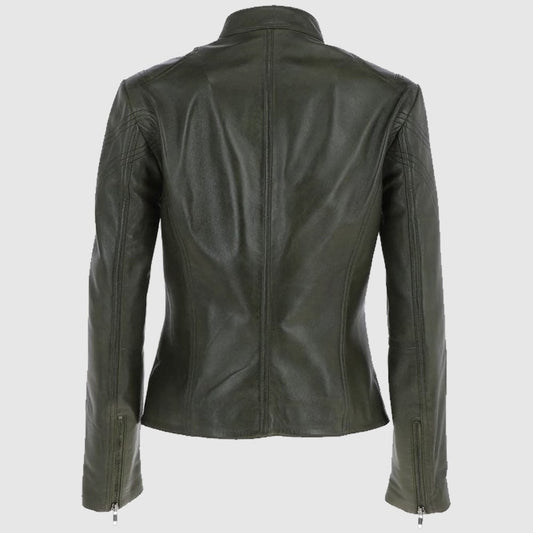 Leather Biker Jacket Women Green