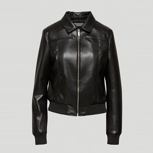 A black faux-leather bomber jacket with a silver front zipper, ribbed knit collar, cuffs, and hem, displayed on a neutral light gray background.