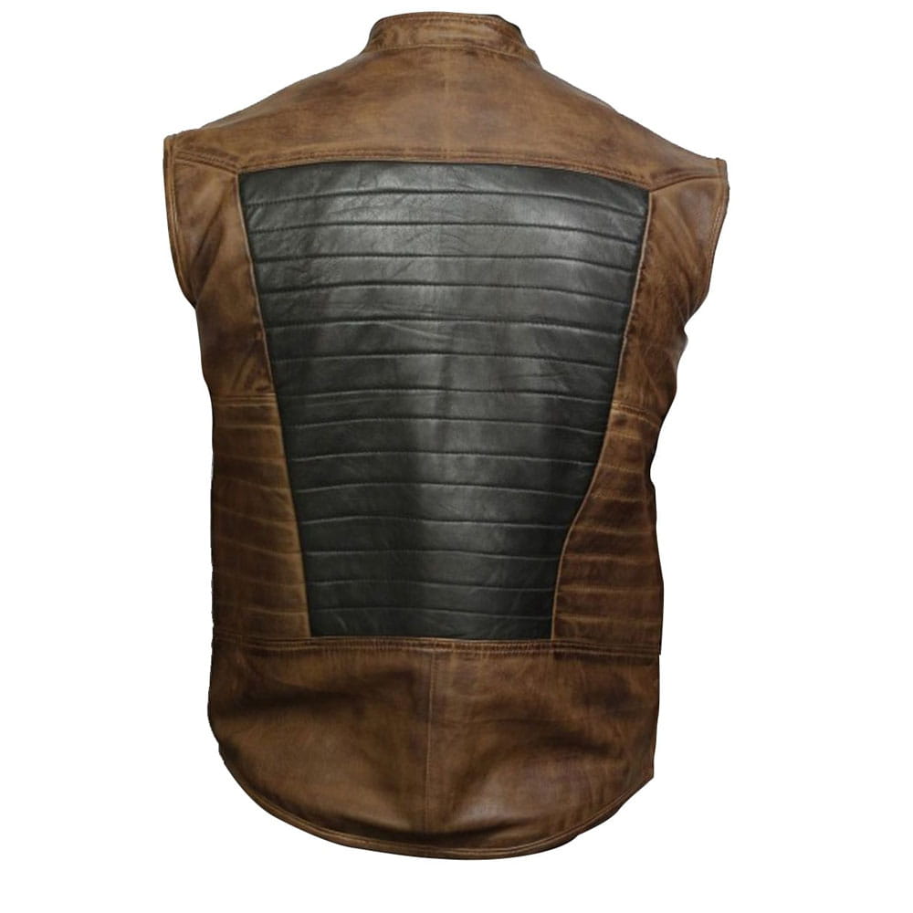 Men Brown & Black Leather Vest