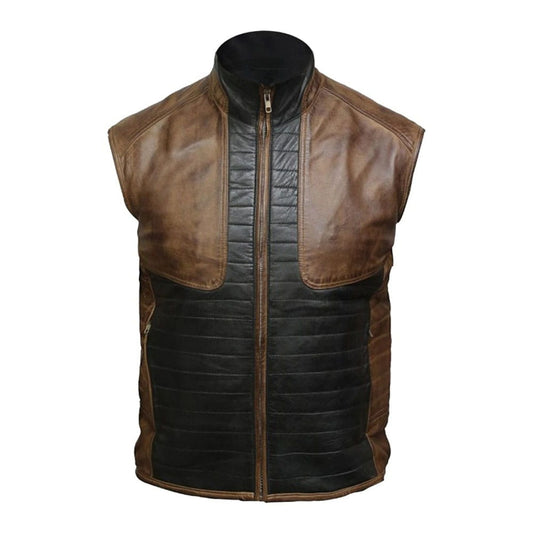 A sleeveless zip-front vest combining brown leather panels on the shoulders and sides with a black quilted body, shown against a plain white background.