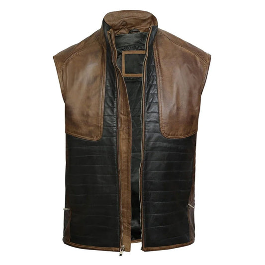 Brown and black leather vest on a white background