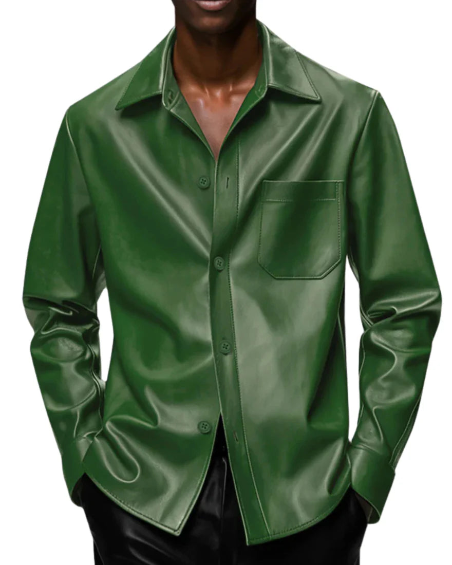 Long Sleeve Mens Green Leather Shirt crafted from genuine premium leather featuring a slim fit design, button-front closure, and stylish modern green finish.