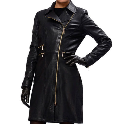 Lopsided Zipper Leather Coat For Women