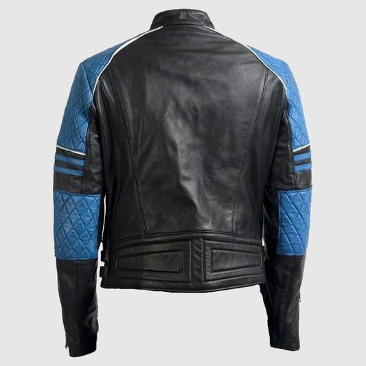 Men Blue Black Motorbike Leather Jacket, Men’s Slim Fit Leather Jacket