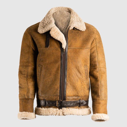 Men Brown B3 Shearling Leather Jacket, sheepskin leather jacket, aviator leather jacket